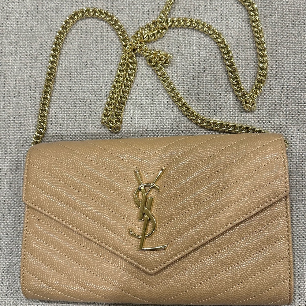 Yves Saint Laurent Beige Quilted Clutch with Gold Chain